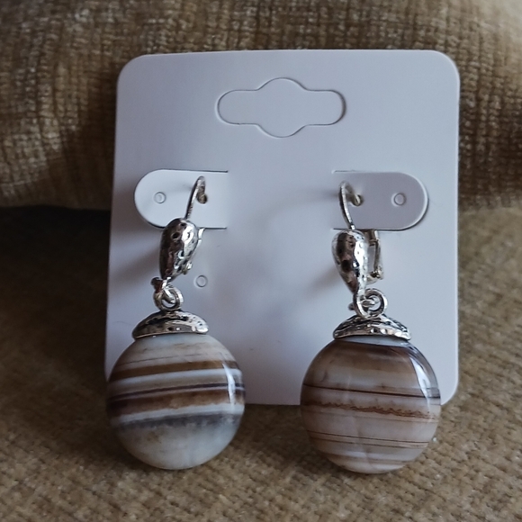 Silver Tone Leverback Brown Striped Stone Earrings - Picture 8 of 13